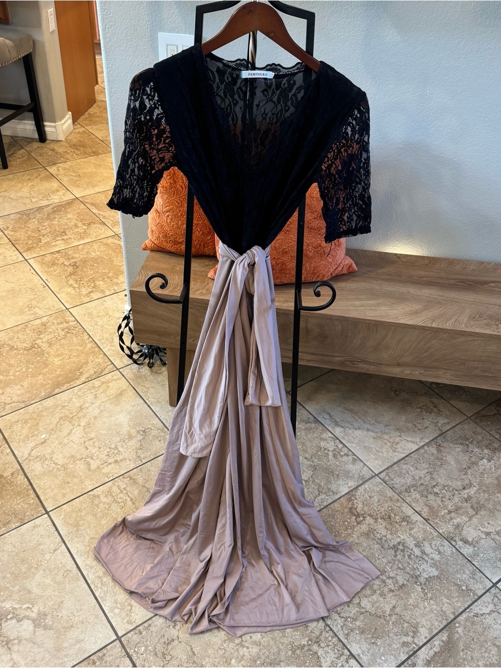 Elegant Black Lace & Taupe Wrap Maxi Dress with Tie Waist With High Slit